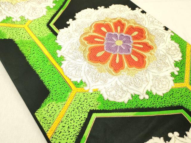 平和屋着物◎六通柄袋帯　唐織　正倉院花文　黒地　金銀糸　正絹　逸品　DABC7552ya