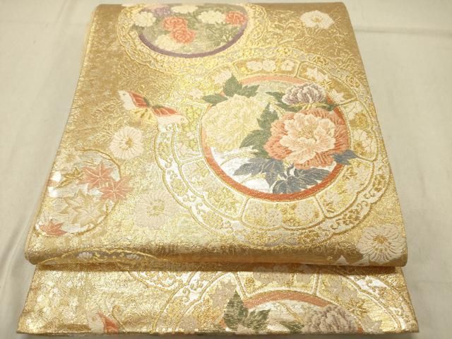 平和屋着物◎六通柄袋帯　唐織　絵皿花文　金銀糸　正絹　逸品　DABC7561ya