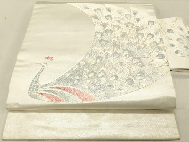 平和屋着物◎九寸名古屋帯　駒刺繍　孔雀文　銀糸　正絹　逸品　DABC7579ya