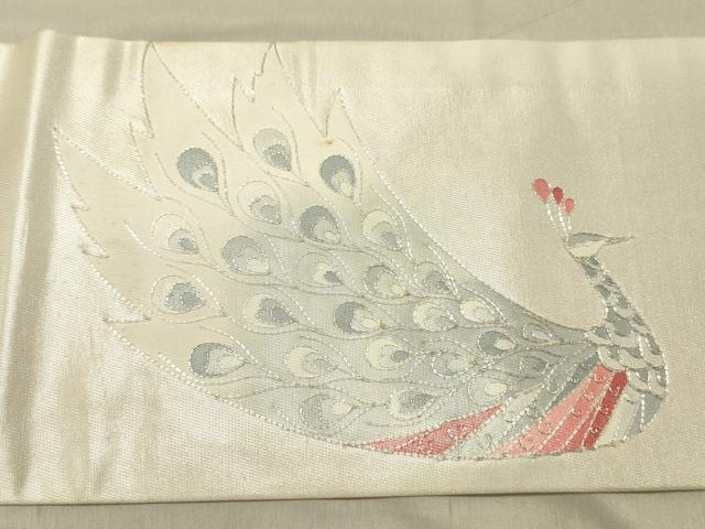 平和屋着物◎九寸名古屋帯　駒刺繍　孔雀文　銀糸　正絹　逸品　DABC7579ya