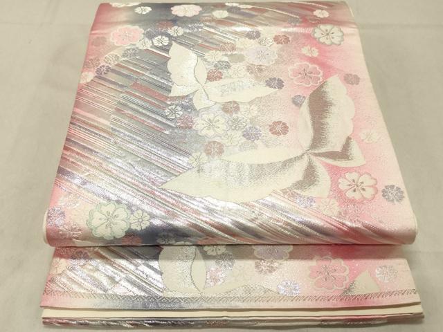 平和屋着物◎六通柄袋帯　舞蝶花文　銀糸　正絹　逸品　DABC7583ya