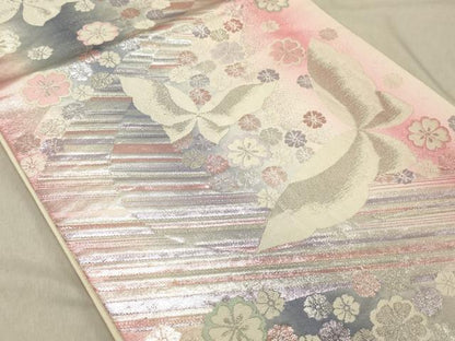 平和屋着物◎六通柄袋帯　舞蝶花文　銀糸　正絹　逸品　DABC7583ya
