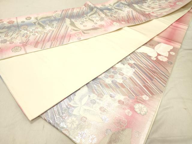 平和屋着物◎六通柄袋帯　舞蝶花文　銀糸　正絹　逸品　DABC7583ya