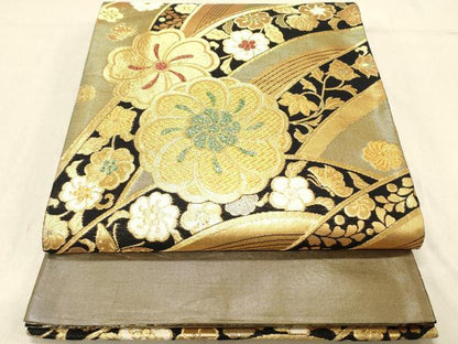 平和屋着物◎両面　六通柄袋帯　舞花文　金糸　正絹　逸品　DABC7594ya