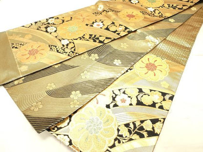 平和屋着物◎両面　六通柄袋帯　舞花文　金糸　正絹　逸品　DABC7594ya