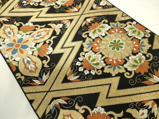 平和屋着物◎六通柄袋帯 松皮菱花文 黒地 金糸 正絹 逸品 DABC7698ya