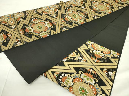 平和屋着物◎六通柄袋帯 松皮菱花文 黒地 金糸 正絹 逸品 DABC7698ya