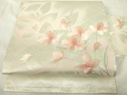 平和屋着物◎九寸名古屋帯 刺繍 草花文 金銀糸 正絹 逸品 DABC7701ya