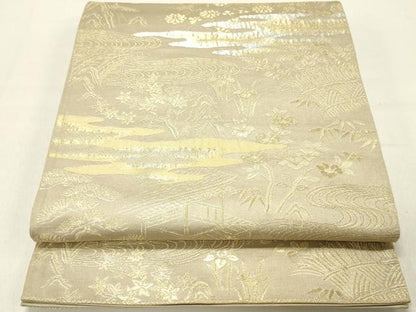平和屋着物◎六通柄袋帯　風景花文　金銀糸　正絹　逸品　DABC7769ya