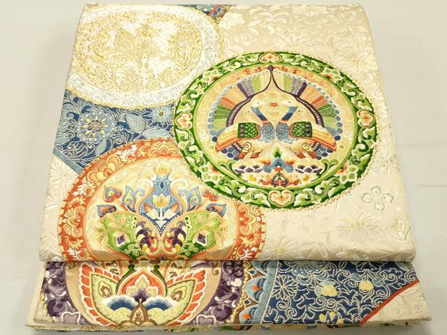 平和屋着物◎六通柄袋帯 唐織 絵皿花鳥文 金銀糸 正絹 逸品 DABC7793ya