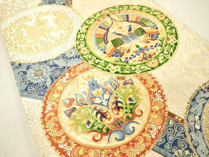 平和屋着物◎六通柄袋帯 唐織 絵皿花鳥文 金銀糸 正絹 逸品 DABC7793ya