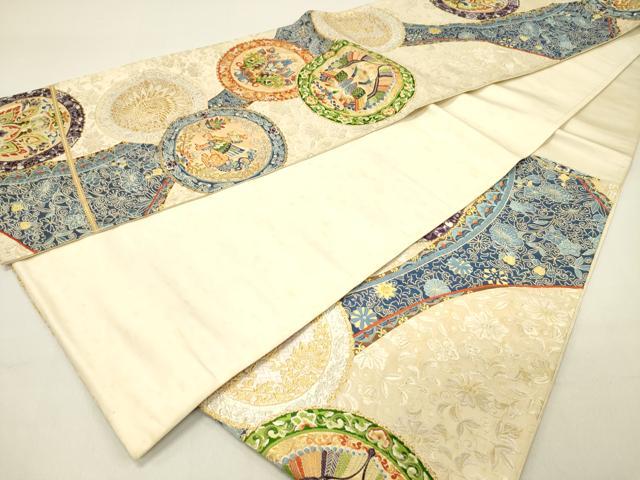 平和屋着物◎六通柄袋帯 唐織 絵皿花鳥文 金銀糸 正絹 逸品 DABC7793ya