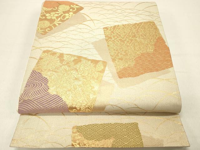 平和屋着物◎六通柄袋帯　色紙重ね花文　金糸　正絹　逸品　DABC7802ya