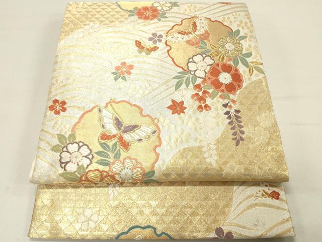 平和屋着物◎六通柄袋帯　唐織　雪輪花蝶文　金銀糸　正絹　逸品　DABC7811ya