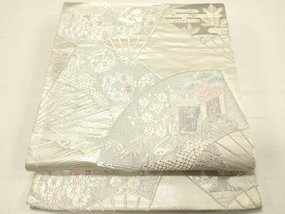 平和屋着物◎六通柄袋帯 唐織 扇面花文 プラチナ箔 正絹 逸品 DABC7815ya