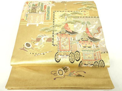 平和屋着物◎太鼓柄袋帯　風景文　金糸　正絹　逸品　DABC7845ya