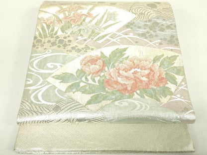 平和屋着物◎佐賀錦　太鼓柄袋帯　流水花文　銀糸　正絹　逸品　DABC7847ya