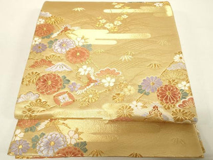 平和屋着物◎六通柄袋帯　唐織　飛鶴花文　金糸　正絹　逸品　DABC7855ya