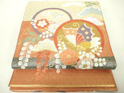 平和屋着物◎佐賀錦 六通柄袋帯 花蝶文 金銀糸 正絹 逸品 DABC7882ya