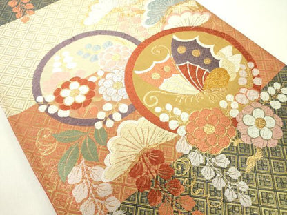平和屋着物◎佐賀錦 六通柄袋帯 花蝶文 金銀糸 正絹 逸品 DABC7882ya