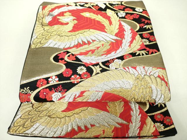平和屋着物◎六通柄袋帯　唐織　鳳凰花文　黒地　金銀糸　正絹　逸品　DABC7887ya