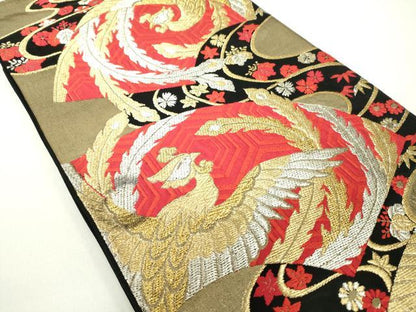 平和屋着物◎六通柄袋帯　唐織　鳳凰花文　黒地　金銀糸　正絹　逸品　DABC7887ya