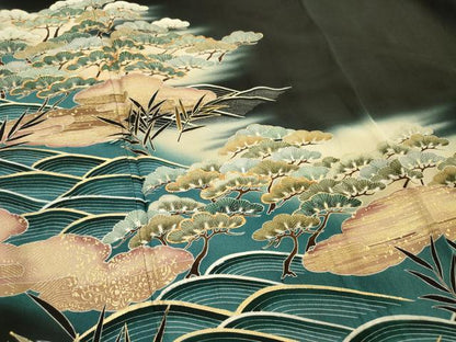 平和屋着物■豪華黒留袖 作家物 駒刺繍 流水枝松文 金彩 正絹 逸品 DABC7915ya