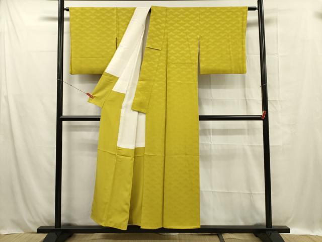 平和屋着物■上質な色無地 毘沙門亀甲 緑黄色 正絹 逸品 DABC7918ya