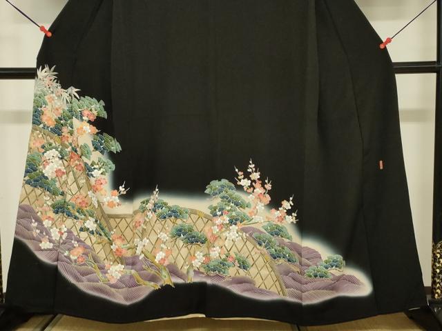 平和屋着物■豪華黒留袖 駒刺繍 梅 松 金彩 正絹 逸品 DABC7953ya
