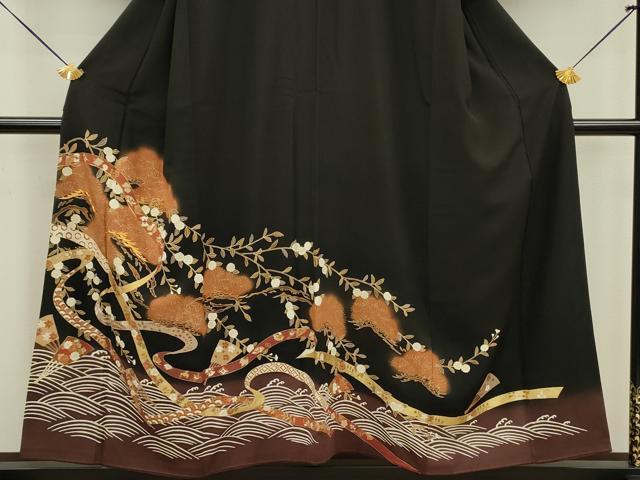 平和屋着物■豪華黒留袖 駒刺繍 鬘帯扇面花松文 金彩 正絹 逸品 DABC7973ya