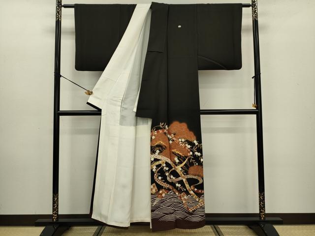 平和屋着物■豪華黒留袖 駒刺繍 鬘帯扇面花松文 金彩 正絹 逸品 DABC7973ya