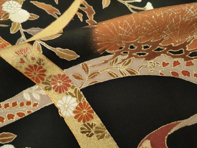 平和屋着物■豪華黒留袖 駒刺繍 鬘帯扇面花松文 金彩 正絹 逸品 DABC7973ya
