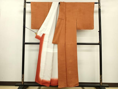 平和屋着物■上質な色無地 花絵皿地紋 赤朽葉色 正絹 逸品 DABC7983ya