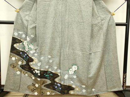 平和屋着物■訪問着　流水花文　たたき染め　金彩　鈴乃屋扱い　正絹　逸品　DABC7985ya