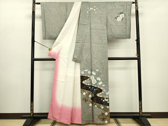 平和屋着物■訪問着　流水花文　たたき染め　金彩　鈴乃屋扱い　正絹　逸品　DABC7985ya