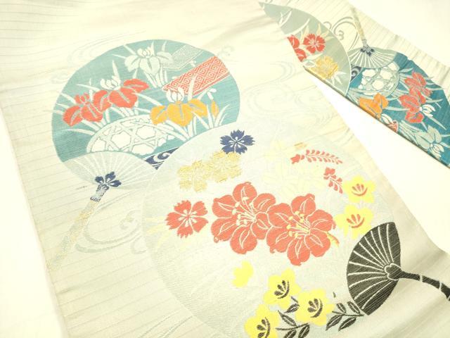 平和屋着物＊夏物 アンティーク 大正ロマン 九寸名古屋帯 流水団扇花文 金糸 正絹 逸品 DABC8009cm