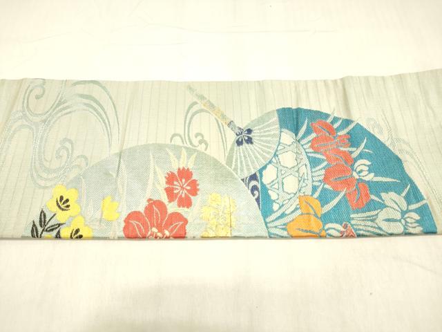 平和屋着物＊夏物 アンティーク 大正ロマン 九寸名古屋帯 流水団扇花文 金糸 正絹 逸品 DABC8009cm