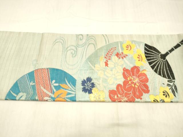 平和屋着物＊夏物 アンティーク 大正ロマン 九寸名古屋帯 流水団扇花文 金糸 正絹 逸品 DABC8009cm