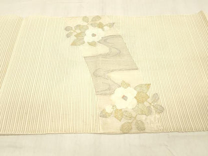 平和屋着物＊夏物　西陣　絽綴れ　八寸名古屋帯　流水草花文　金銀糸　正絹　逸品　DABC8014cm