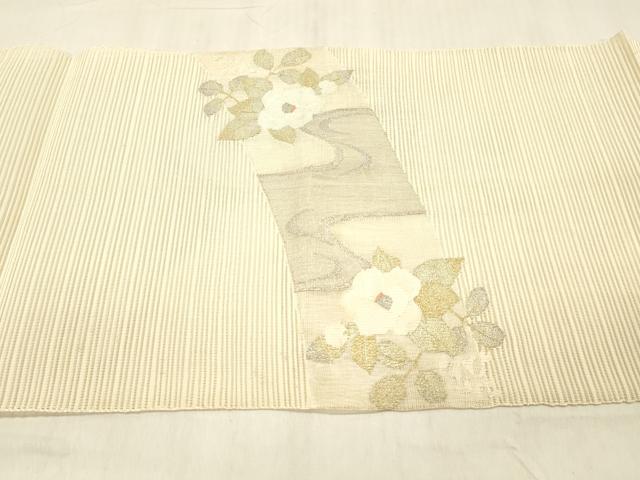 平和屋着物＊夏物　西陣　絽綴れ　八寸名古屋帯　流水草花文　金銀糸　正絹　逸品　DABC8014cm
