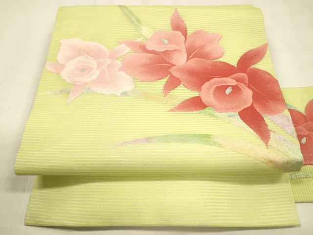平和屋着物＊夏物 九寸名古屋帯 草花文 銀糸 正絹 逸品 DABC8018cm
