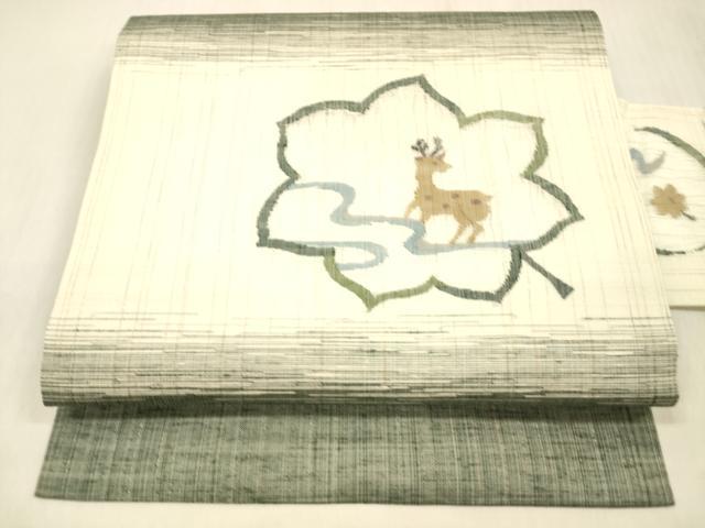 平和屋着物▽西陣 宮階織物 九寸名古屋帯 スリーシーズン 春夏秋 櫛織 鹿に紅葉 金銀糸 正絹 逸品 DABC8026cm