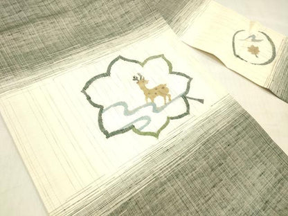 平和屋着物▽西陣 宮階織物 九寸名古屋帯 スリーシーズン 春夏秋 櫛織 鹿に紅葉 金銀糸 正絹 逸品 DABC8026cm