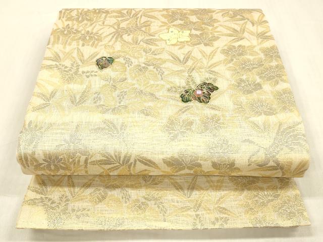 平和屋着物▽西陣 華翔苑謹製 螺鈿作家 藤本隆士 六通柄袋帯 スリーシーズン 春夏秋 パール 草花文 金糸 上代29万 正絹 逸品 DABC8027cm