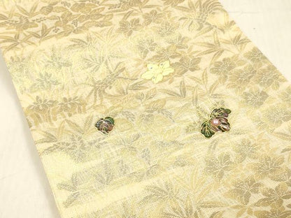 平和屋着物▽西陣 華翔苑謹製 螺鈿作家 藤本隆士 六通柄袋帯 スリーシーズン 春夏秋 パール 草花文 金糸 上代29万 正絹 逸品 DABC8027cm