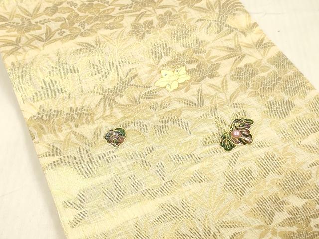 平和屋着物▽西陣 華翔苑謹製 螺鈿作家 藤本隆士 六通柄袋帯 スリーシーズン 春夏秋 パール 草花文 金糸 上代29万 正絹 逸品 DABC8027cm
