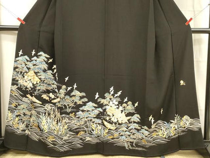 平和屋着物■豪華黒留袖 駒刺繍 風景飛鳥梅松文 金彩 大丸扱い 正絹 逸品 DABC8068cm