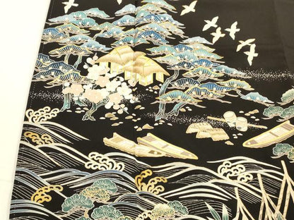 平和屋着物■豪華黒留袖 駒刺繍 風景飛鳥梅松文 金彩 大丸扱い 正絹 逸品 DABC8068cm