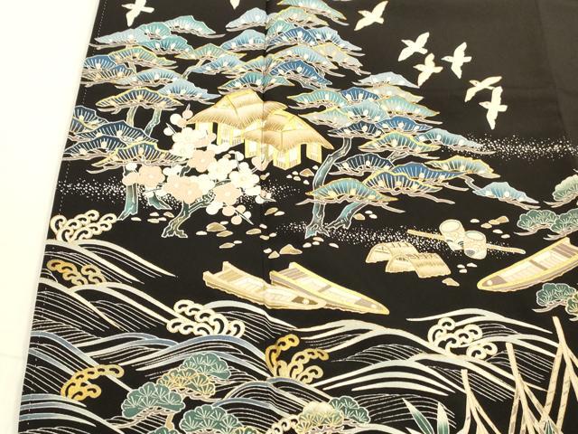 平和屋着物■豪華黒留袖 駒刺繍 風景飛鳥梅松文 金彩 大丸扱い 正絹 逸品 DABC8068cm