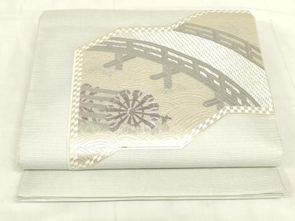 平和屋着物＊夏物 太鼓柄袋帯 総刺繍 渡橋水車文 銀糸 正絹 逸品 DABC8076cm